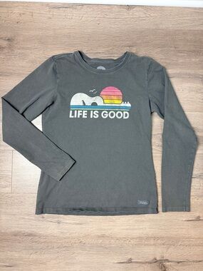 Life Is Good Retro Crusher Tee Small Long Sleeve Charcoal Guitar Sunset Cotton